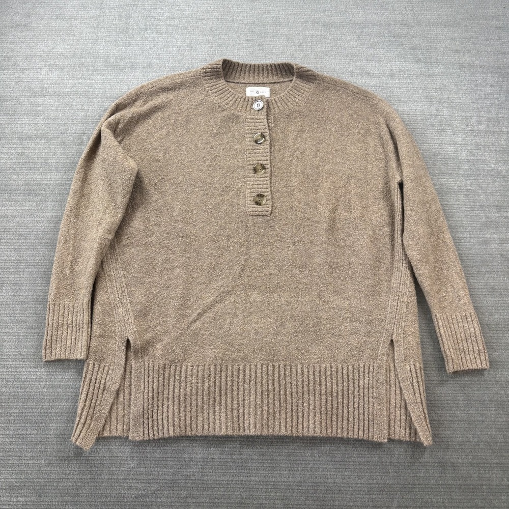 Lou & Grey Henley Crewneck Sweater Womens S Taupe Brown Placket Knit Side Slits